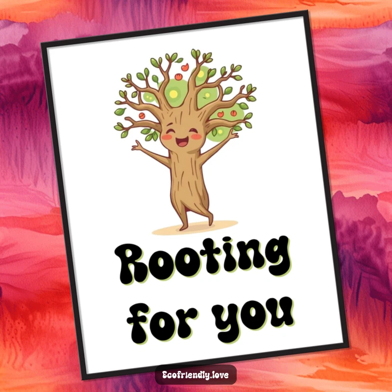 Funny happy tree poster illustrating a cheerful character dancing with branches outstretched, bringing joyful and humorous natural vibes to wall decor.
