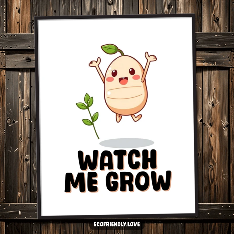 Funny Kawaii Seed Poster: A triumphant seed character jumps with a tiny sprout, symbolizing growth and new beginnings.