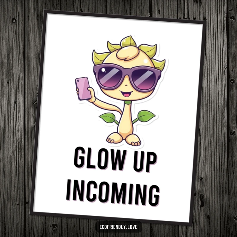 Funny Kawaii Sprout Poster: A cute sprout character wearing oversized sunglasses, humorously taking a selfie, adding fun to wall decor.