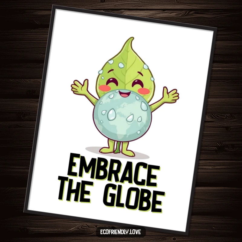 Funny leaf poster featuring a joyful leaf character embracing a globe covered in dew drops, symbolizing a gentle, loving connection to nature.