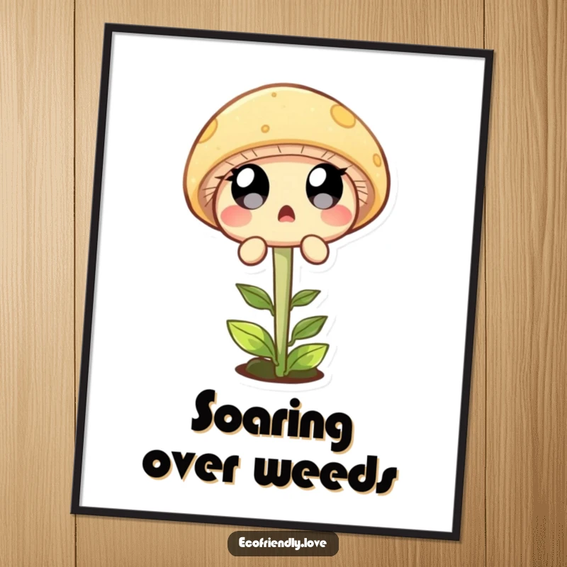 Funny poster print of a startled mushroom character in mid-air, jumping over a tiny sprout, creating a humorous woodland scene.