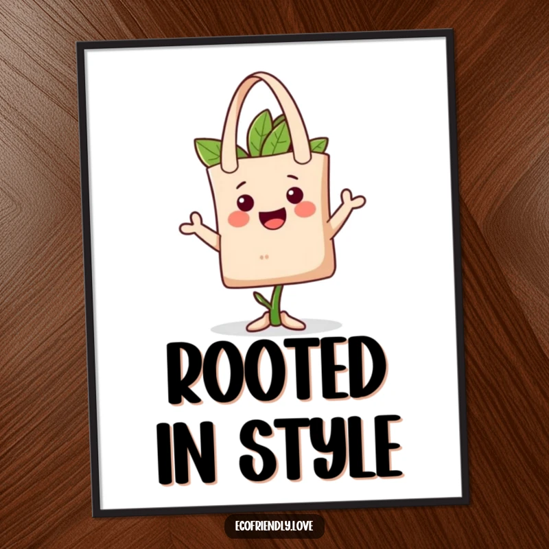Funny poster of a happy plant character playfully sporting a reusable tote bag as a headwear, representing stylish eco-consciousness and wit.