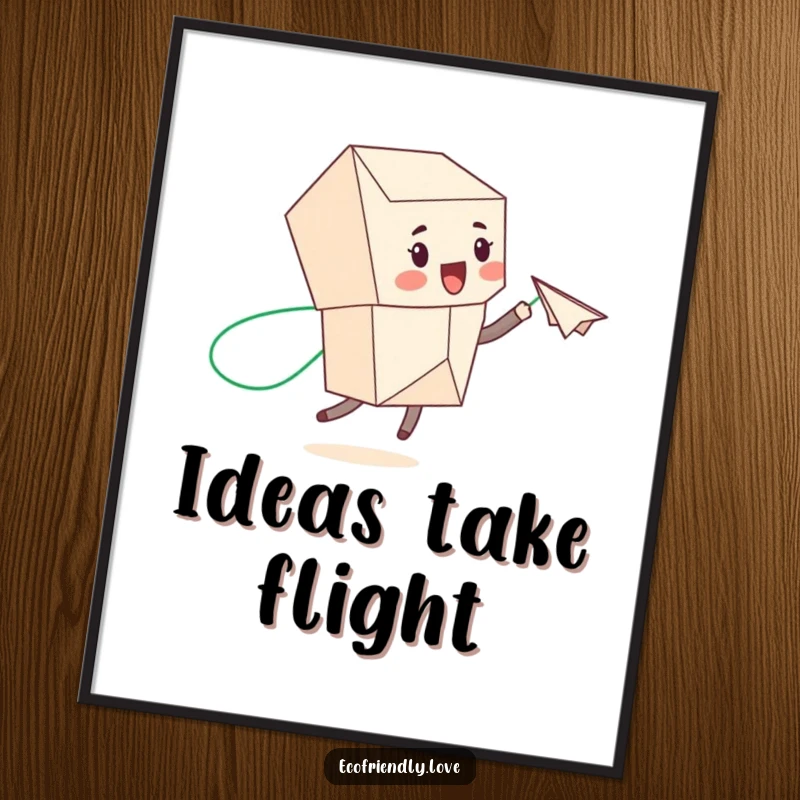 Funny recycled paper character tossing a paper airplane with a green trail, displayed on a vibrant poster, bringing eco-themed humor.