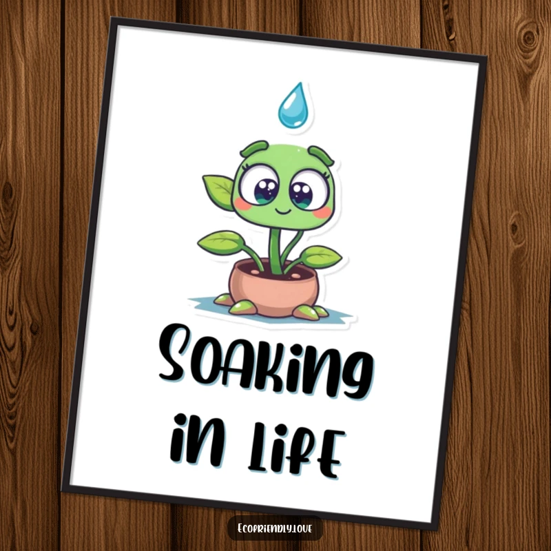 Funny poster of a wide-eyed plant seedling character looking up in wonder as it absorbs a large water drop, symbolizing growth and simple joy.