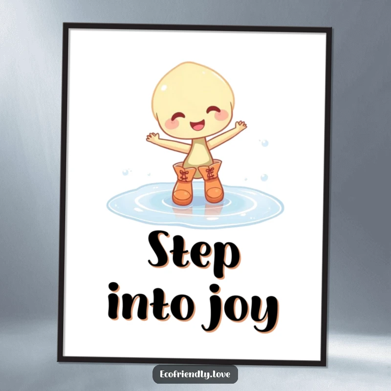 Funny poster of a smiling, pudgy sprout in little boots dancing ecstatically in a puddle of sparkling water, a delightful, humorous scene.