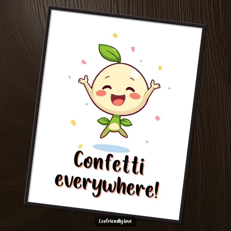 Funny sprout jumping with joy poster, vibrant confetti, energetic and happy wall art, a delightful funny gift.