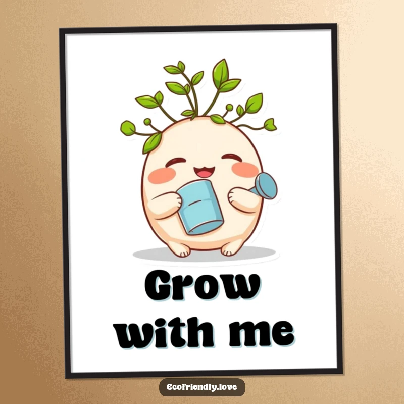Funny poster of a round, giggling sprout with leafy hair holding a watering can, bringing whimsical, plant-themed humor to any wall.