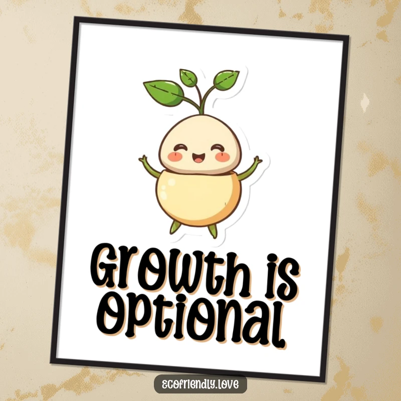 Funny poster art of a smiling seed character bursting open, revealing a happy green sprout, a symbol of joy.
