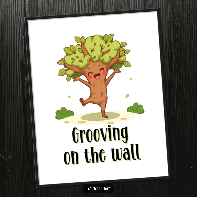 Funny tree character doing a joyful, energetic dance, presented as humorous and dynamic wall art.