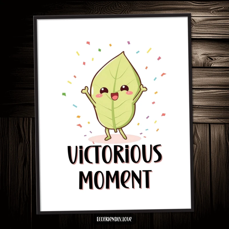 Funny Leaf Poster: A kawaii leaf character humorously doing a victory dance surrounded by confetti, inspiring joy and celebration.
