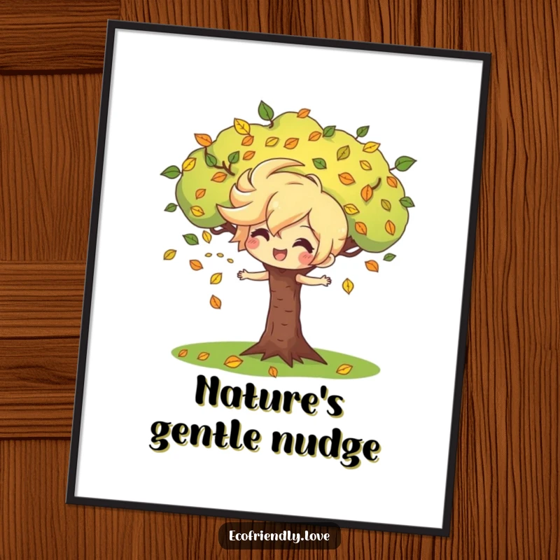 Funny poster featuring a playful wind character blowing leaves around a cheerful tree, capturing the vibrant beauty and fun of autumn.