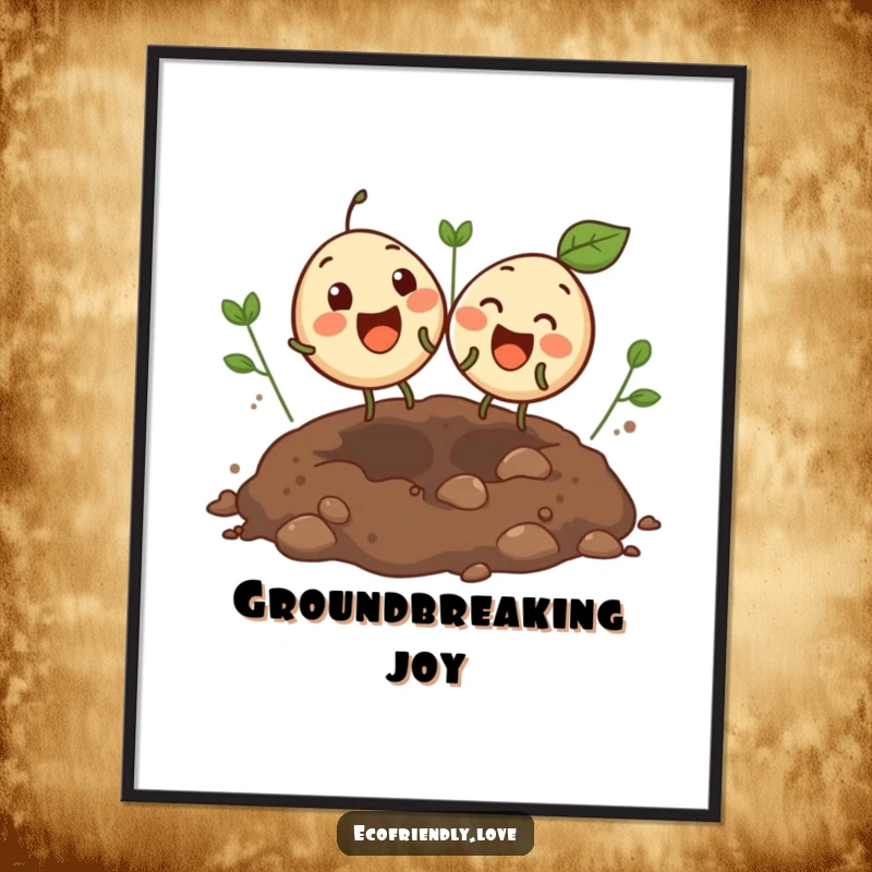 Funny poster of two round, giggling seeds bouncing excitedly in an open soil patch, bringing playful and garden-themed humor.