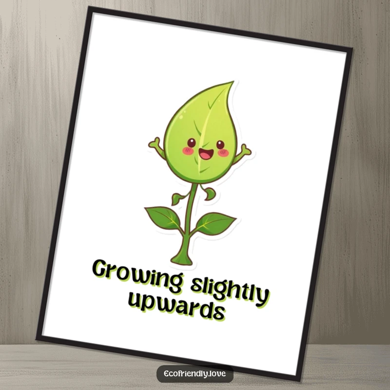 Funny leaf poster featuring a happy character leaping energetically over a sprout, bringing vibrant natural humor and a sense of growth.