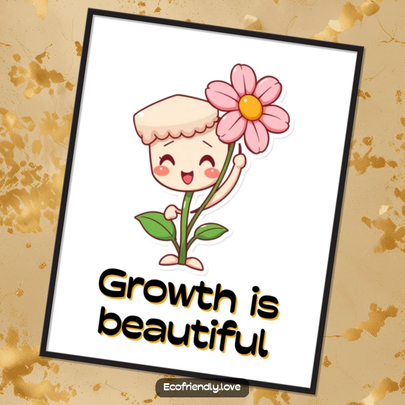 Funny poster art of a proud seedling character holding a beautiful, blooming flower. Inspirational decor and a thoughtful gift.