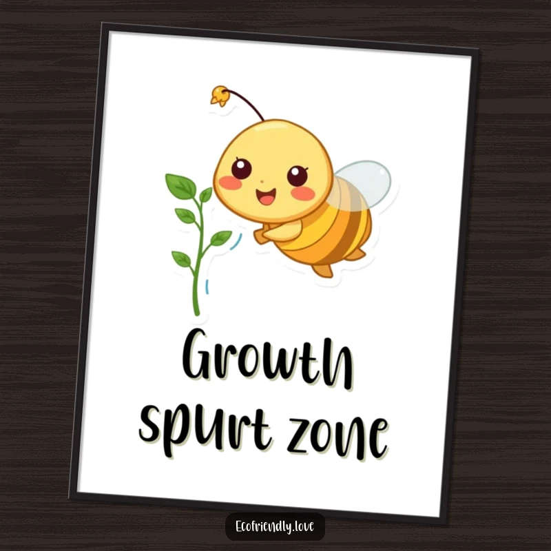 Funny poster print of a smiling bee character soaring through the air, holding a tiny green sprout, conveying hope and growth.