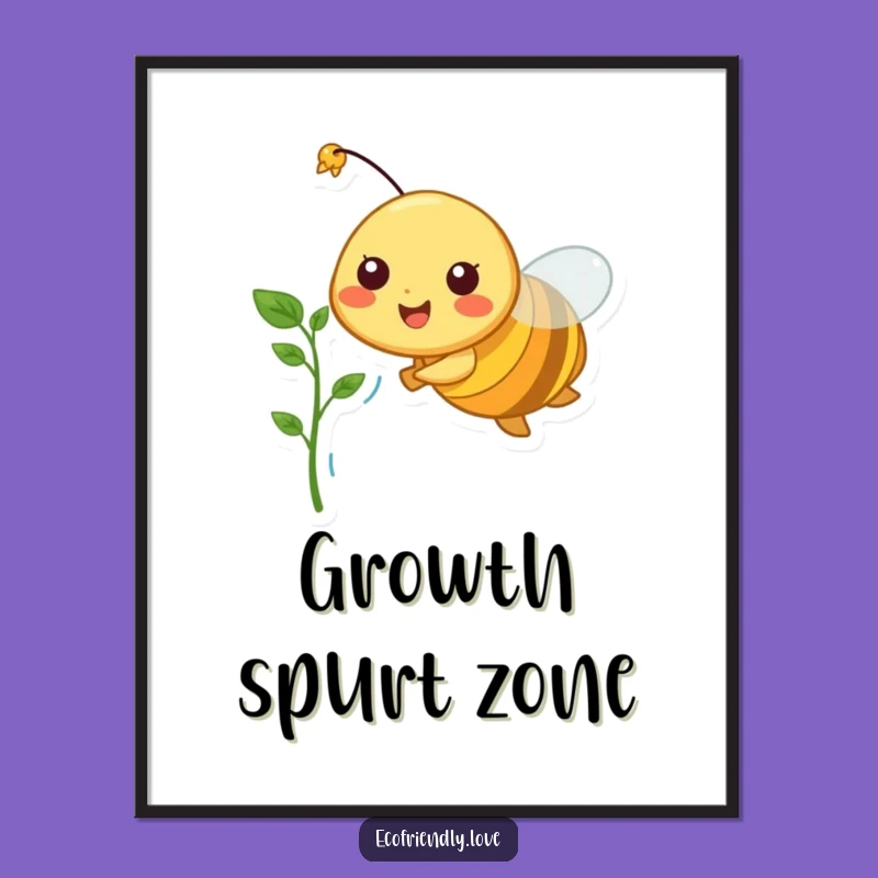 Funny Bee Poster: Cheerful Character Flying with Sprout, Uplifting Wall Art Gift