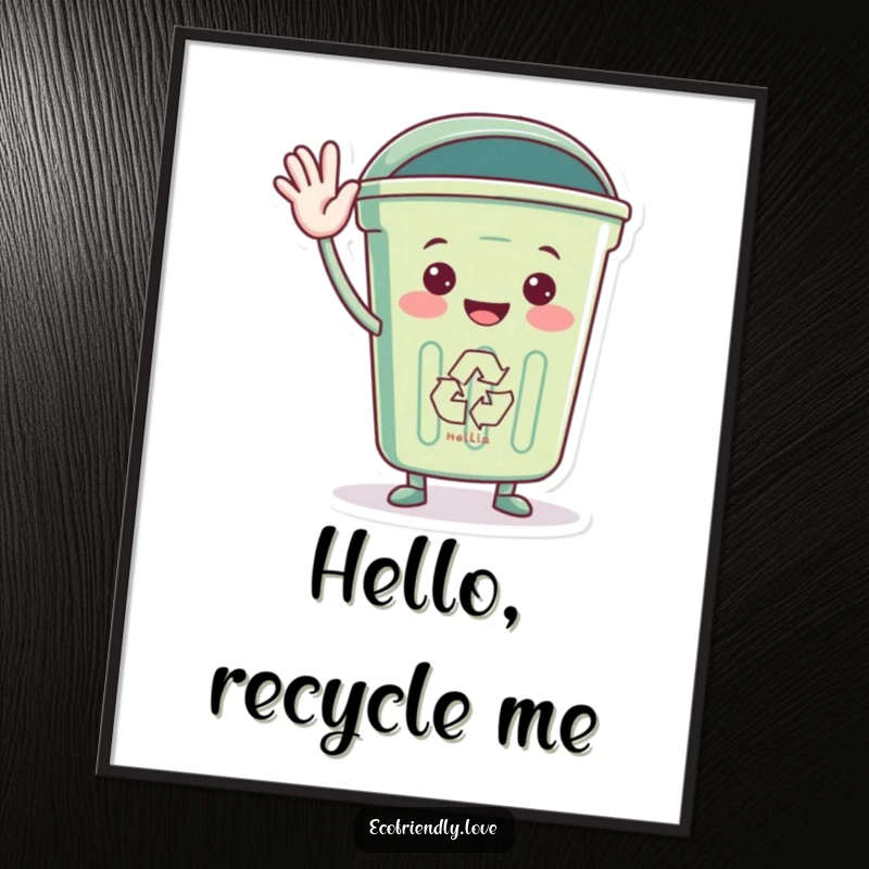 Funny poster art of a recycling bin character waving hello, creating a welcoming and eco-conscious atmosphere.