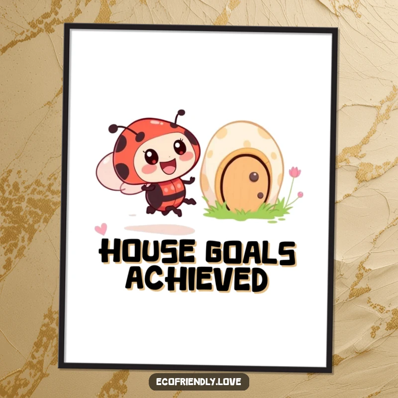 Funny poster art of a ladybug character in fast motion zipping past a welcoming, smiling mushroom house.