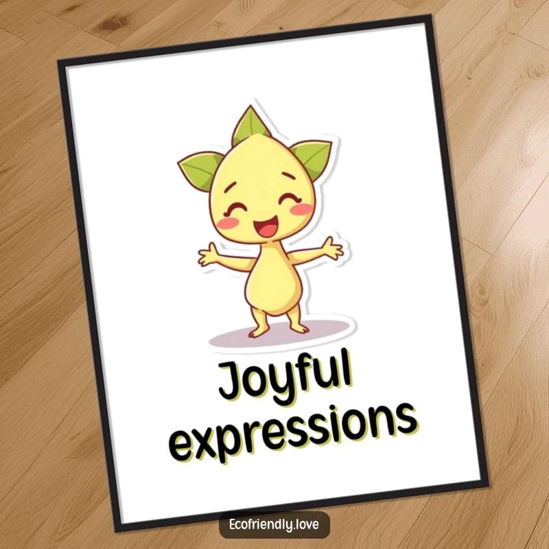Funny poster featuring a happy sprout character doing an excited dance, radiating joy, growth, and infectious positivity, perfect for wall decor.