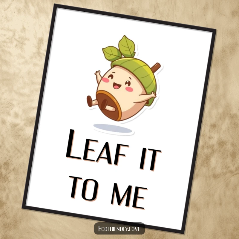 Funny poster art of a happy acorn character doing a cartwheel, with a leaf as a stylish hat.