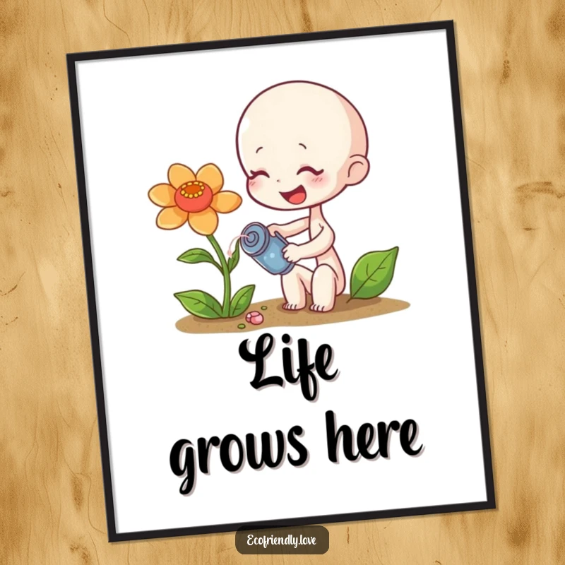 Funny sprout poster showing a tiny character giggling while watering a wilting flower, a heartwarming funny gift.