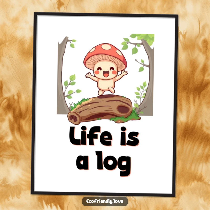 Funny poster art of a happy mushroom character bouncing on a mossy log, bringing whimsical forest energy indoors.