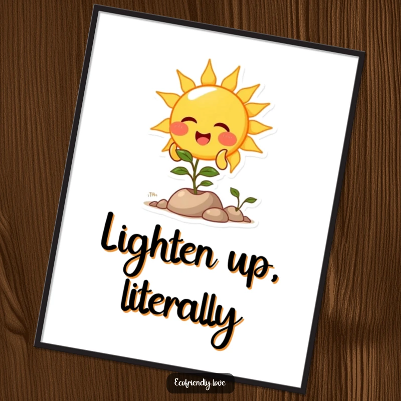 Funny poster art of a laughing sun character showering a small plant with bright, nurturing light, symbolizing growth and happiness.