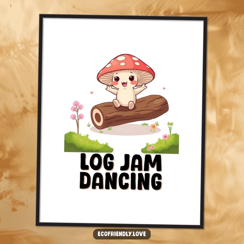 Funny kawaii mushroom doing a silly jig on a mossy log on a poster, bringing humorous woodland charm.
