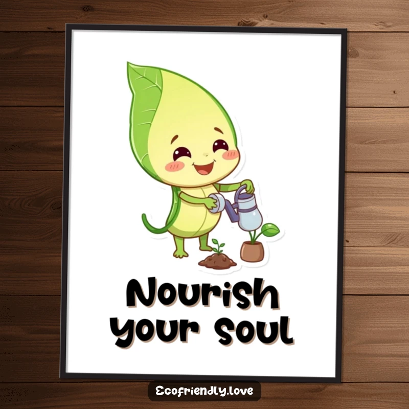 Funny poster depicting a smiling leaf character happily watering a small plant, bringing a cheerful botanical illustration to any room.