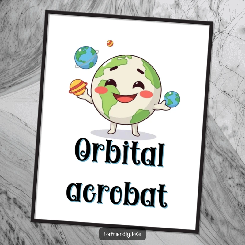 Funny kawaii Earth character with a goofy grin, juggling three tiny planets, ideal for vibrant and humorous wall decor.