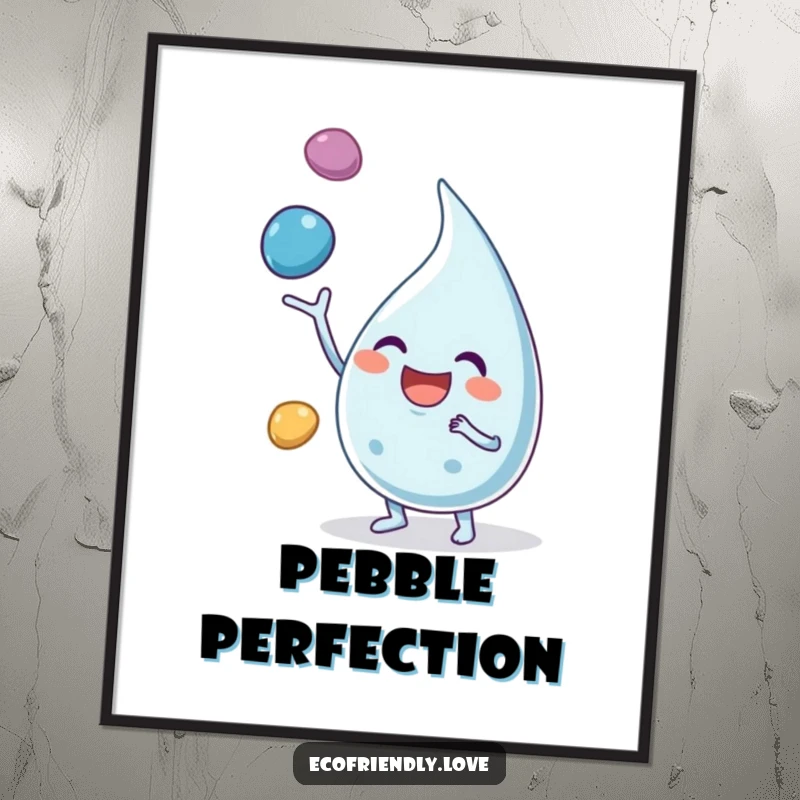 Funny poster of a happy water droplet character juggling colorful pebbles with a broad, excited smile.