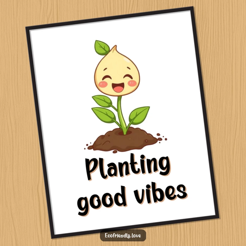 Funny poster of a cute sprout character joyfully planting a seed in the soil, adding a touch of cheerful botanical art.