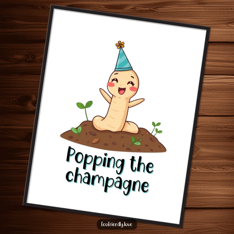 Funny Poster showcasing a happy earthworm wearing a party hat, humorously emerging from the soil, ready for a cheerful bash.