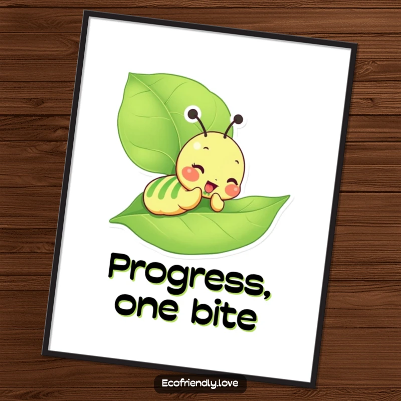 Funny Caterpillar Poster featuring a giddy character happily munching on a large green leaf, evoking a sense of pure delight.