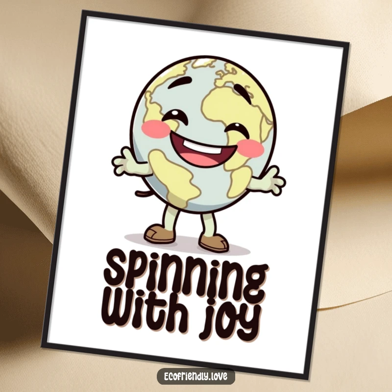 Funny dancing Earth poster with a goofy grin, doing a silly jig, vibrant and humorous wall art, a great funny gift.
