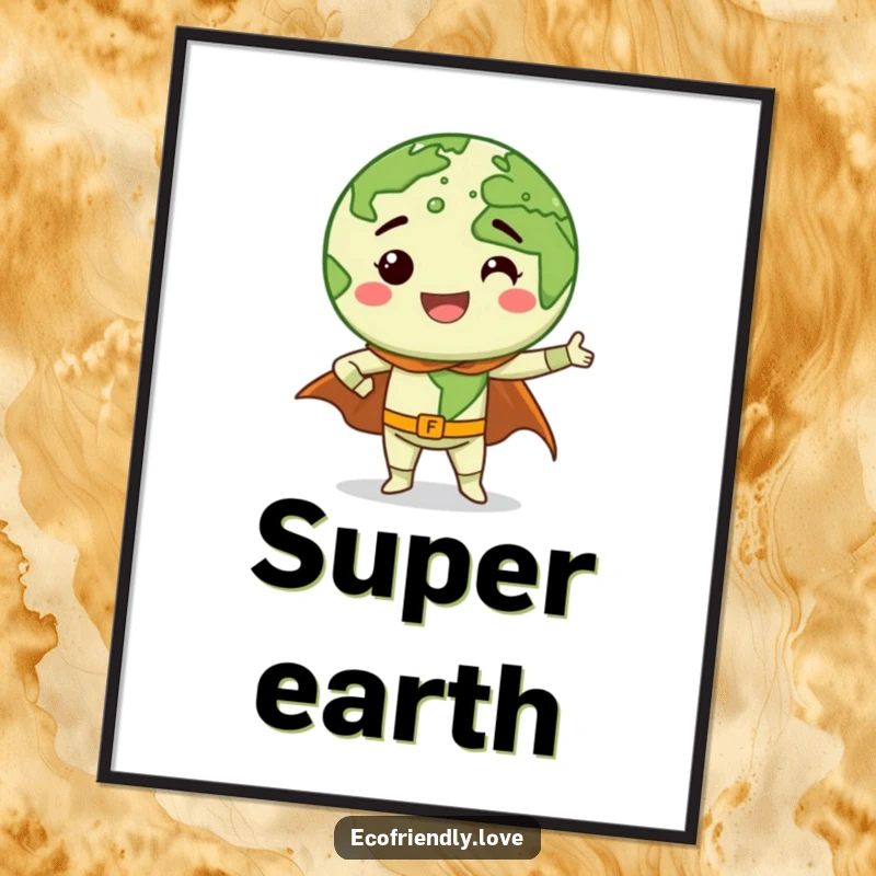 Funny playful Earth character with a wide grin striking a superhero pose with a flowing cape, depicted as heroic wall art.