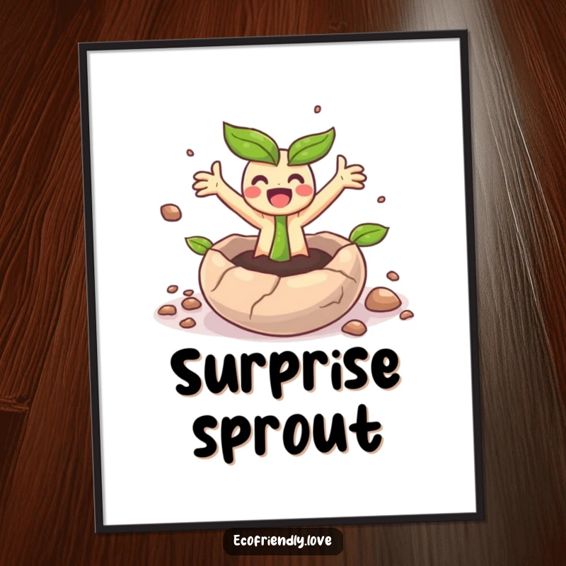 Funny poster of a small sprout character bursting from a seed, arms wide in happy, delightful surprise.