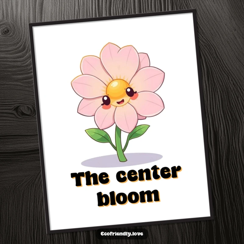 Funny kawaii flower dramatically posing under a spotlight on a poster, bringing humorous glamour to walls.