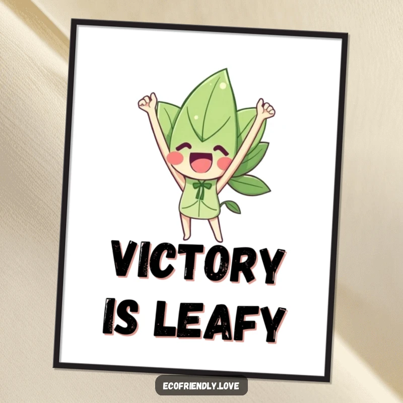 Funny poster art of a jubilant leaf character with arms raised high in a celebratory stance of pure victory.