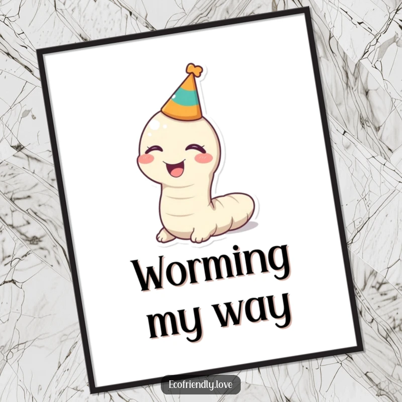 Funny kawaii worm wearing a tiny party hat, giggling on a poster, bringing humorous cheer to walls.