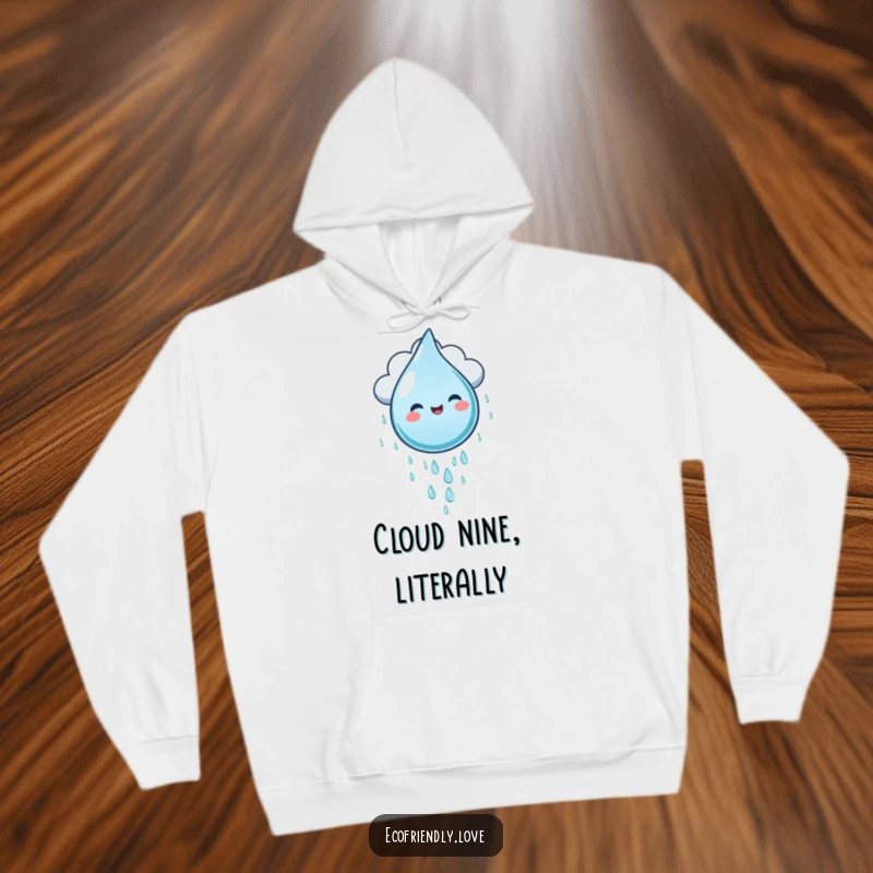Funny and cozy hoodie with a water droplet character gleefully sliding down a cloud, offering humorous warmth.