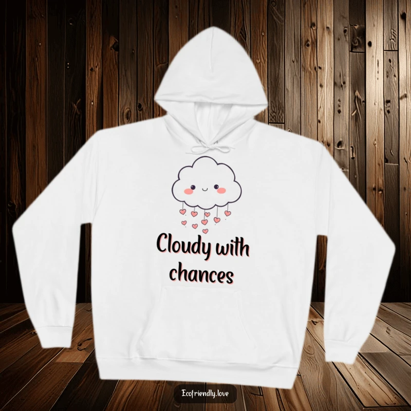 Funny hoodie depicting a cheerful cloud character showering tiny hearts, creating an atmosphere of love and happiness.