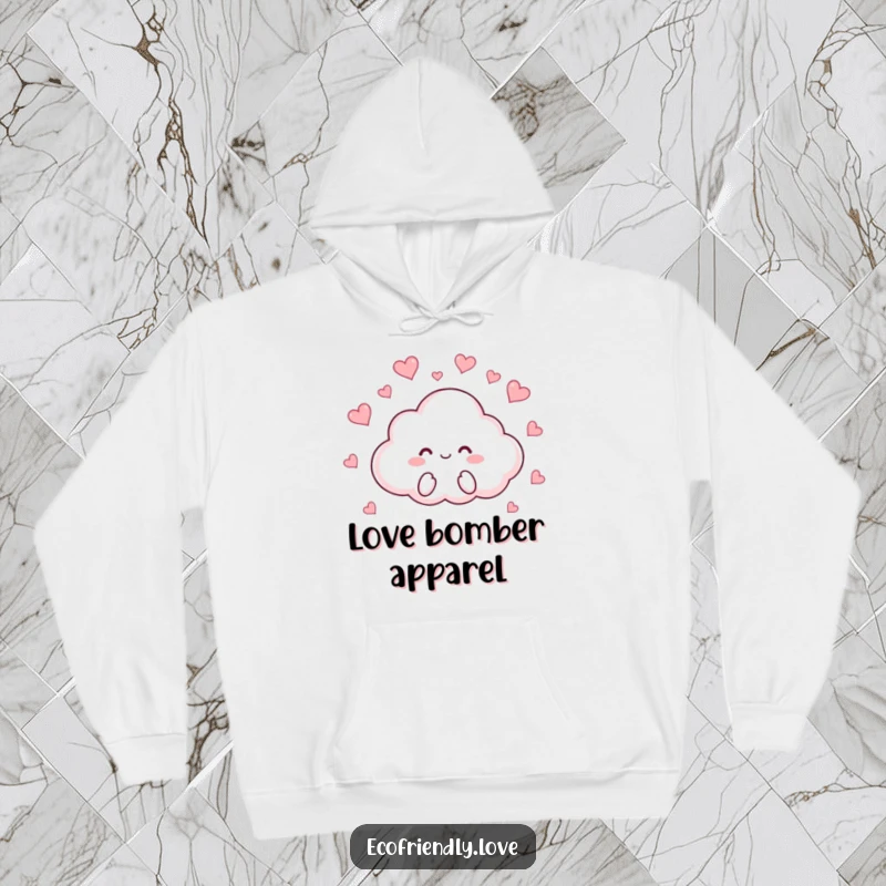 Funny hoodie showcasing a cute cloud character playfully raining tiny red hearts, offering warmth and a touch of whimsical love.