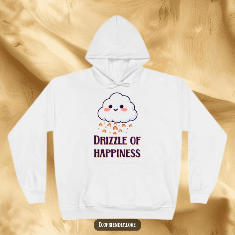 Funny hoodie with a happy cloud character, showering colorful tiny rainbows during a whimsical rain shower, offering warmth and cheer.