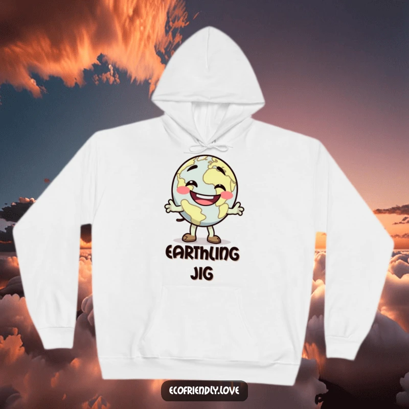 Funny dancing Earth hoodie with a goofy grin, doing a silly jig, soft and cozy, a fun funny gift.
