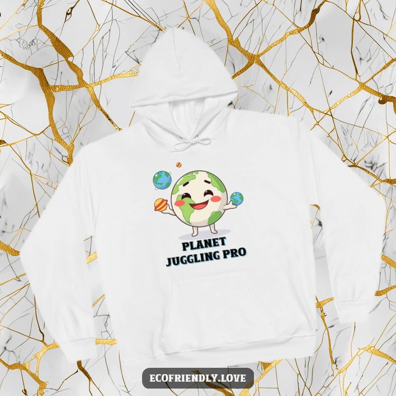 Funny kawaii Earth character, goofily grinning and juggling three tiny planets, featured on a warm and soft hoodie.