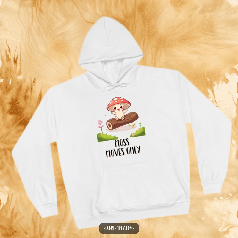 Funny kawaii mushroom doing a jig on a mossy log on a warm hoodie, a humorous cozy item.