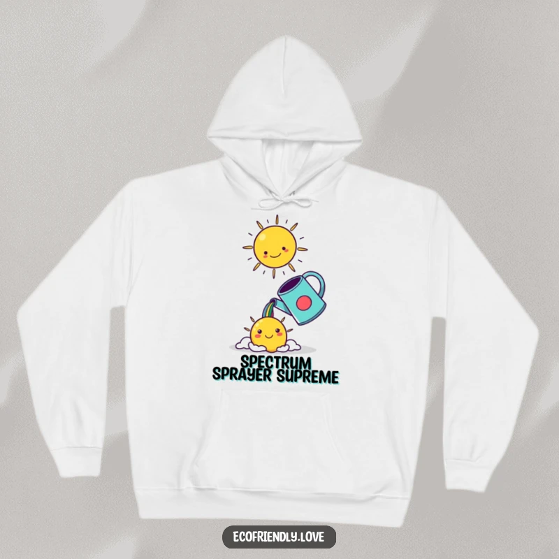 Funny kawaii watering can pouring a vibrant rainbow into a smiling sun, printed on a soft and warm hoodie.