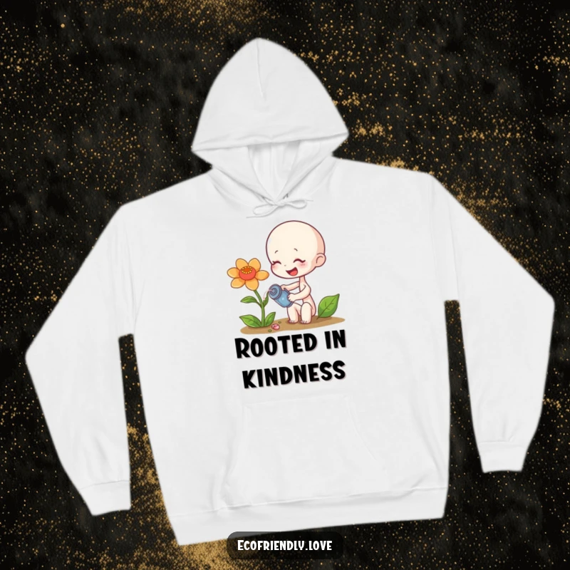 Funny sprout hoodie showing a tiny character giggling while watering a wilting flower, a cozy funny gift.