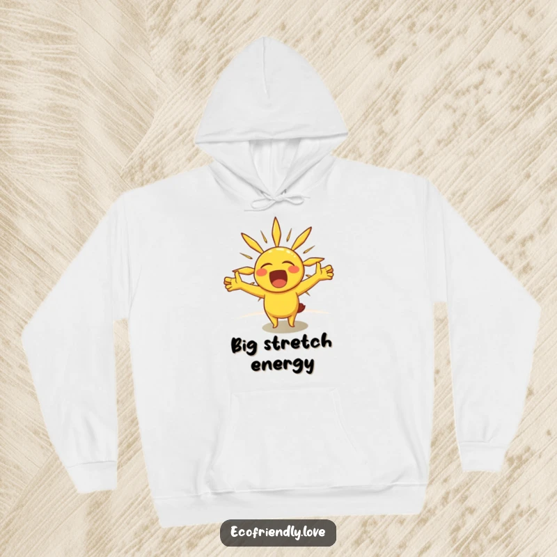 Funny hoodie with a cheerful sun character stretching its rays like sleepy arms during a big yawn, providing warmth and smiles.